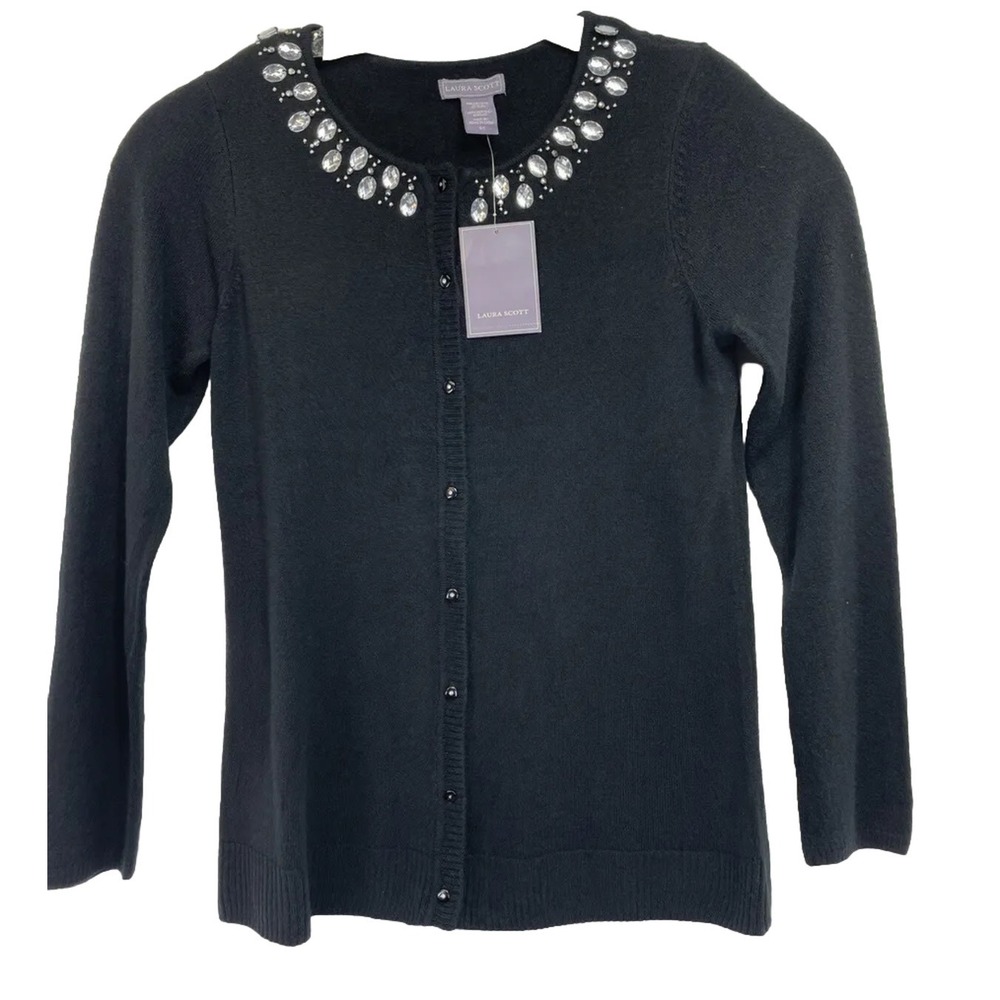 Laura Scott Womens Sz Small Black Rhinestone Trim Knit Sweater‎  (O10) NWTs